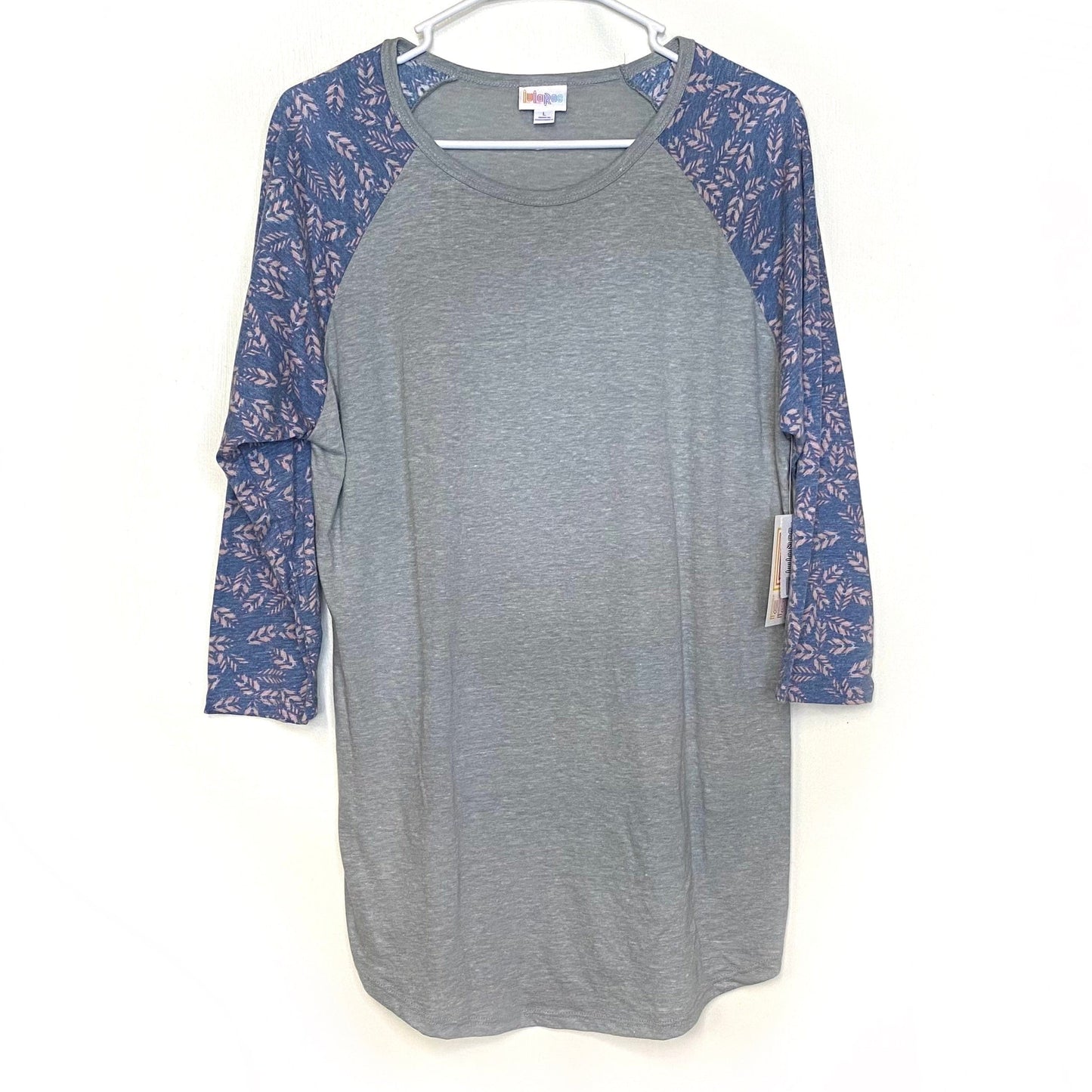 LuLaRoe Unisex L Blue/Pink Gray Heather/Leaf Pattern Randy Raglan T-Shirt ¾ Sleeves NWT