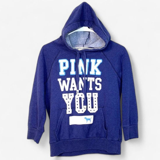 PINK by Victoria's Secret Women's Size S Blue 3/4 Sleeve Pullover Hoodie Sweatshirt