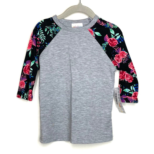 LuLaRoe Kids Unisex 2 Black/Pink/Gray Sloan Heather/Floral Raglan T-Shirt 3/4 Sleeves NWT