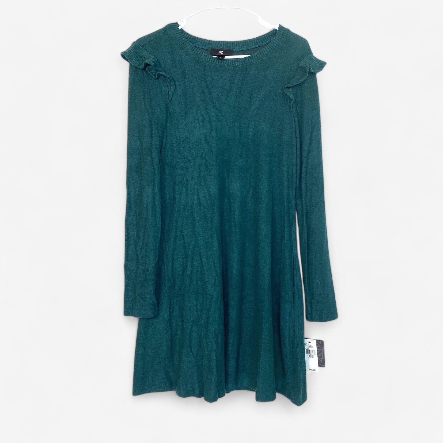 Iz Byer Women's Hunter Green Long Sleeve Shoulder Ruffle Sweater Dress - Size L - New with Tags