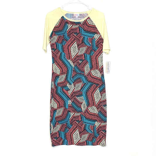 LuLaRoe Julia Bodycon Dress | S (4-6) | Yellow/Blue/Red | Geometric | NWT