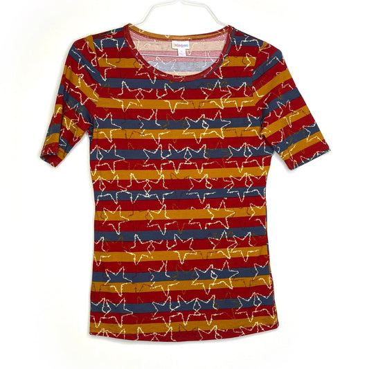 LuLaRoe Womens S Orange/Red/Blue Gigi Stars/Striped T-Shirt 1/2 Sleeves NWT