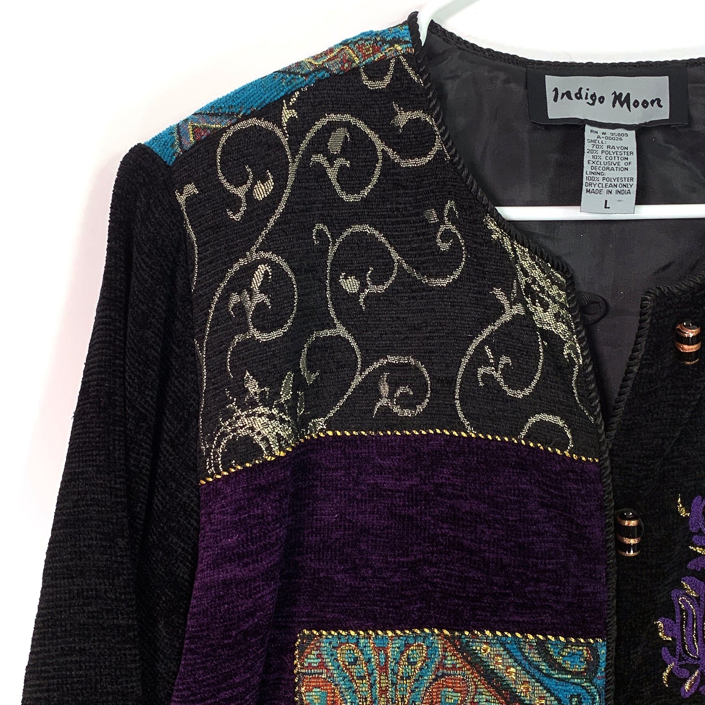 Delightful Indigo Moon Womens Embroidered & Embellished Button-Up Jacket Size Large Black/Purple