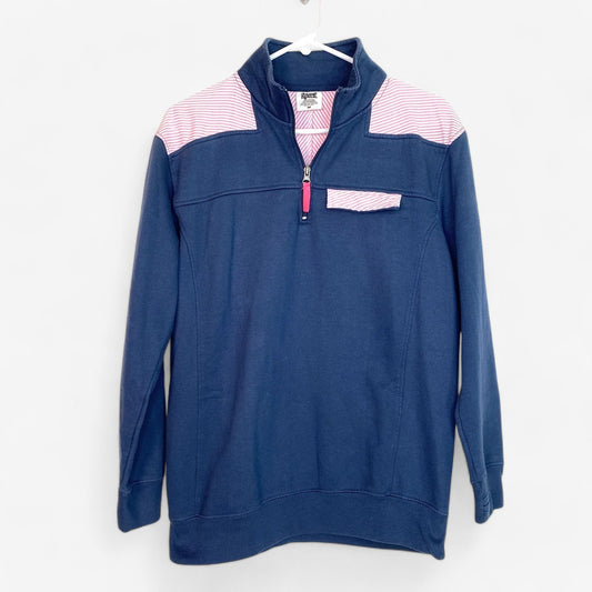 Royce Women's Blue Pullover Sweatshirt with Pink and White Seersucker Accents - Size M - Pre-Owned