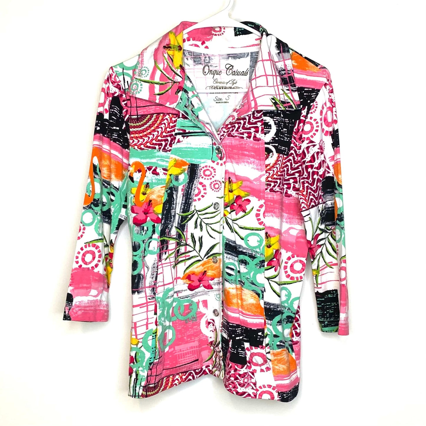 Onque Casuals Womens Size S Multicolor Pink Abstract Pattern Full Zipper Light Jacket L/s EUC