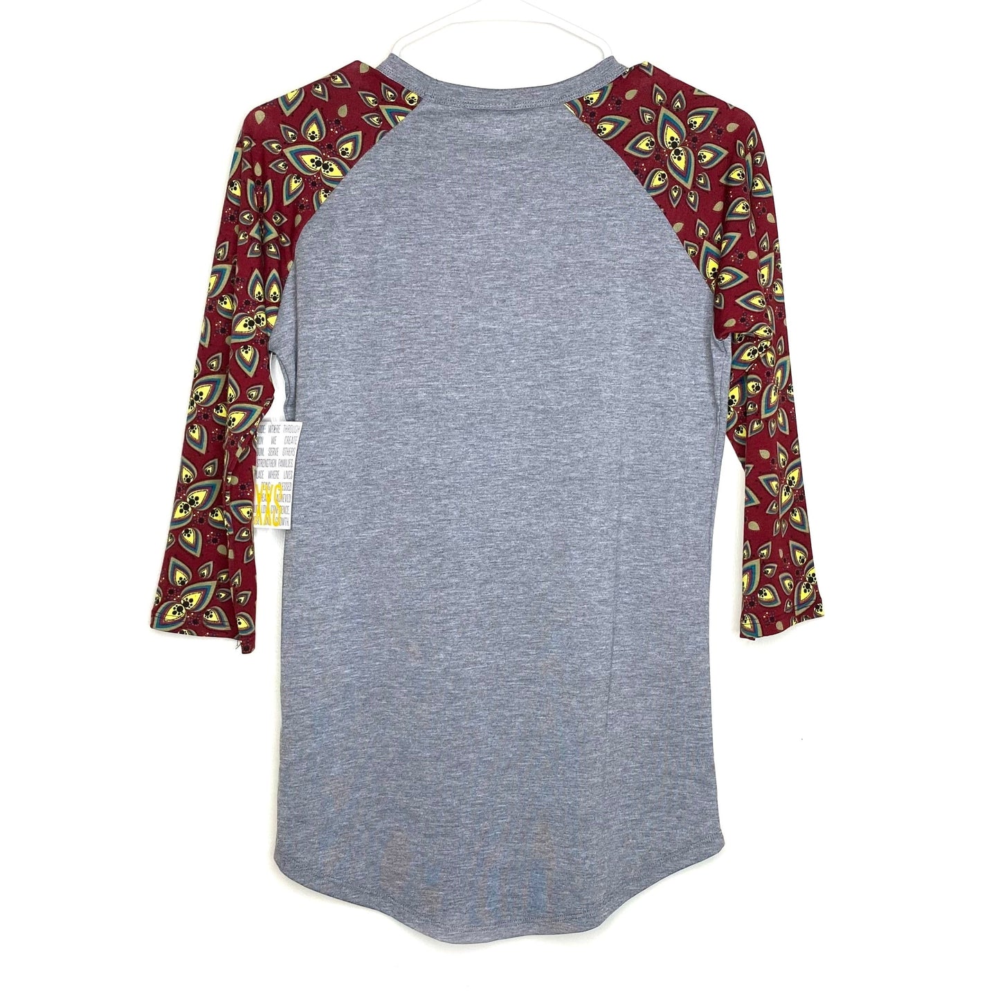 LuLaRoe Unisex XXS Red/Gray Randy Heather/Floral Raglan T-Shirt ¾ Sleeves NWT