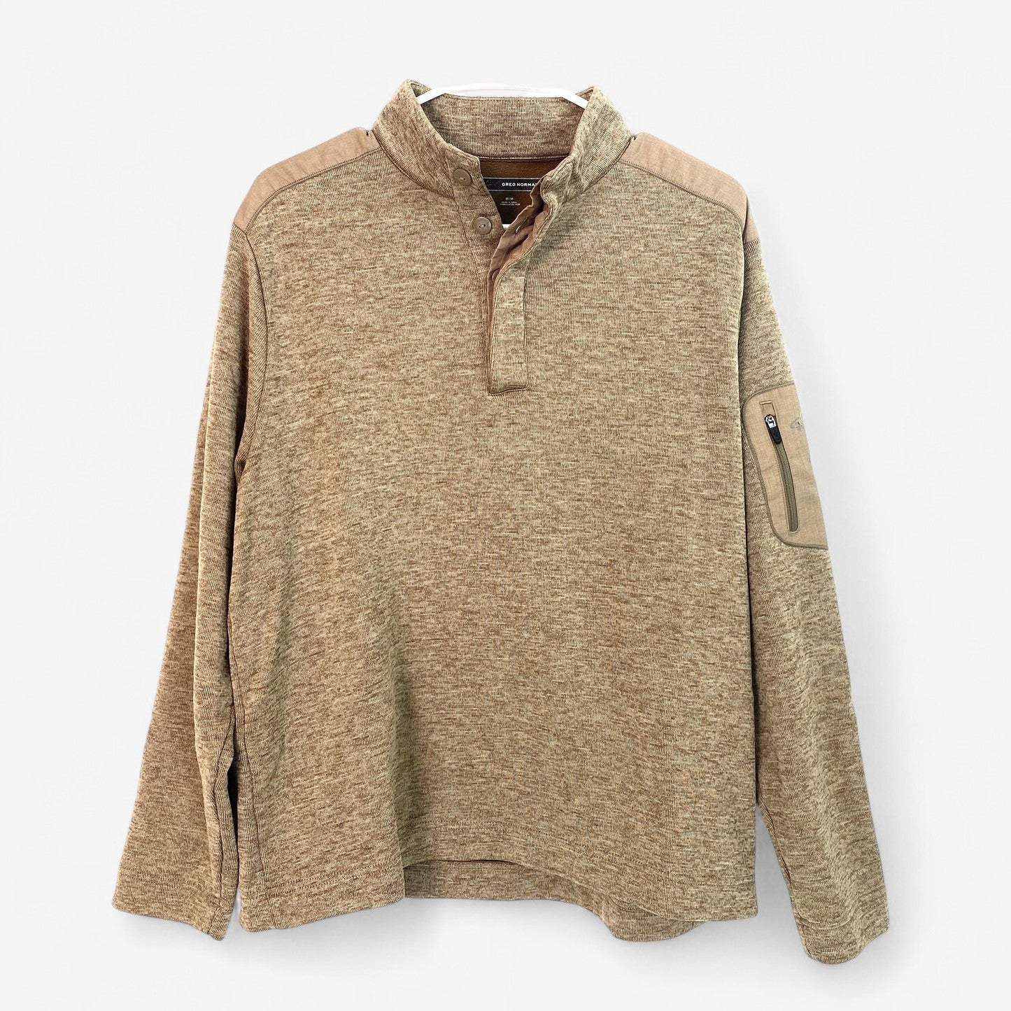 Greg Norman Men's Light Brown 1/4 Button Pullover Fleece Sweater with Arm Pocket - Size M - Pre-Owned