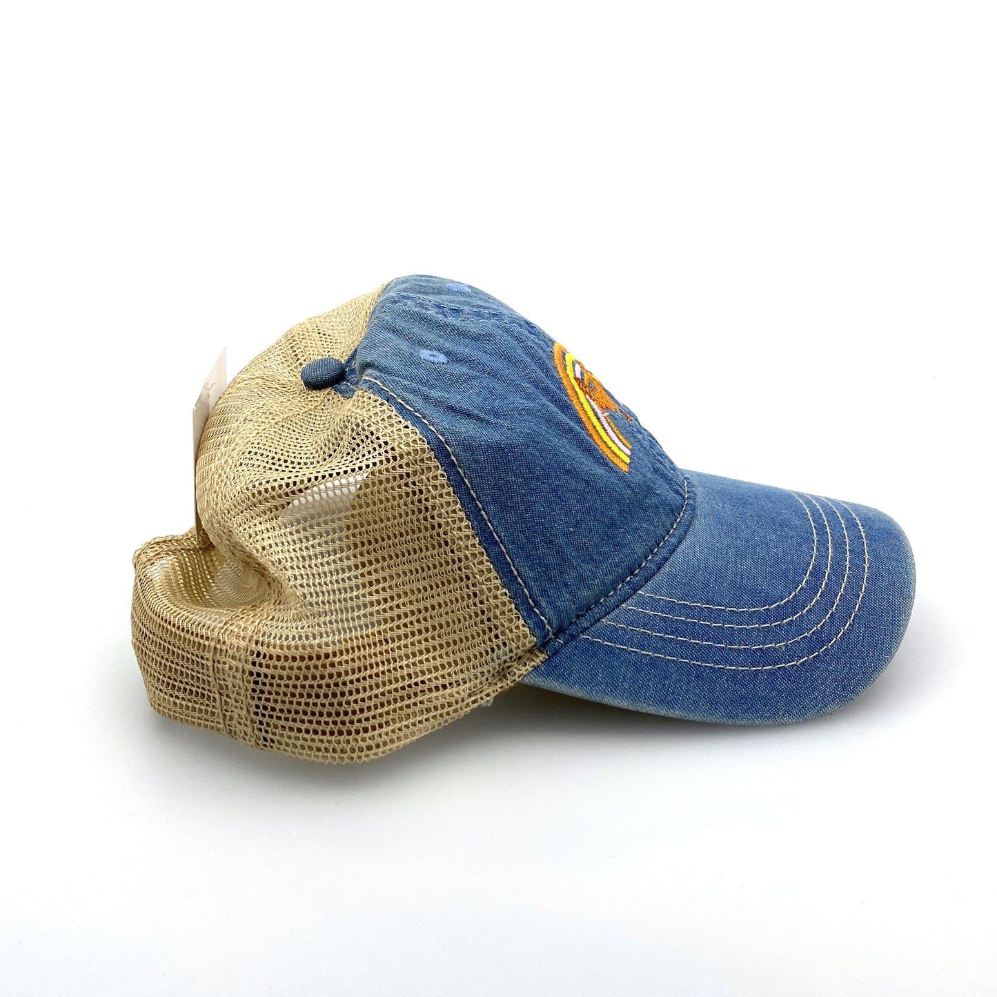 Womens Blue Denim Rooster & Rainbow Embroidered SnapBack Hat OSFM