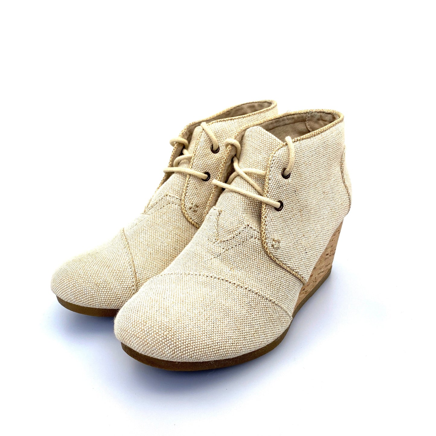 Toms Womens Desert Wedge Ankle Bootie Silver-Beige Canvas Cork Lace-Up