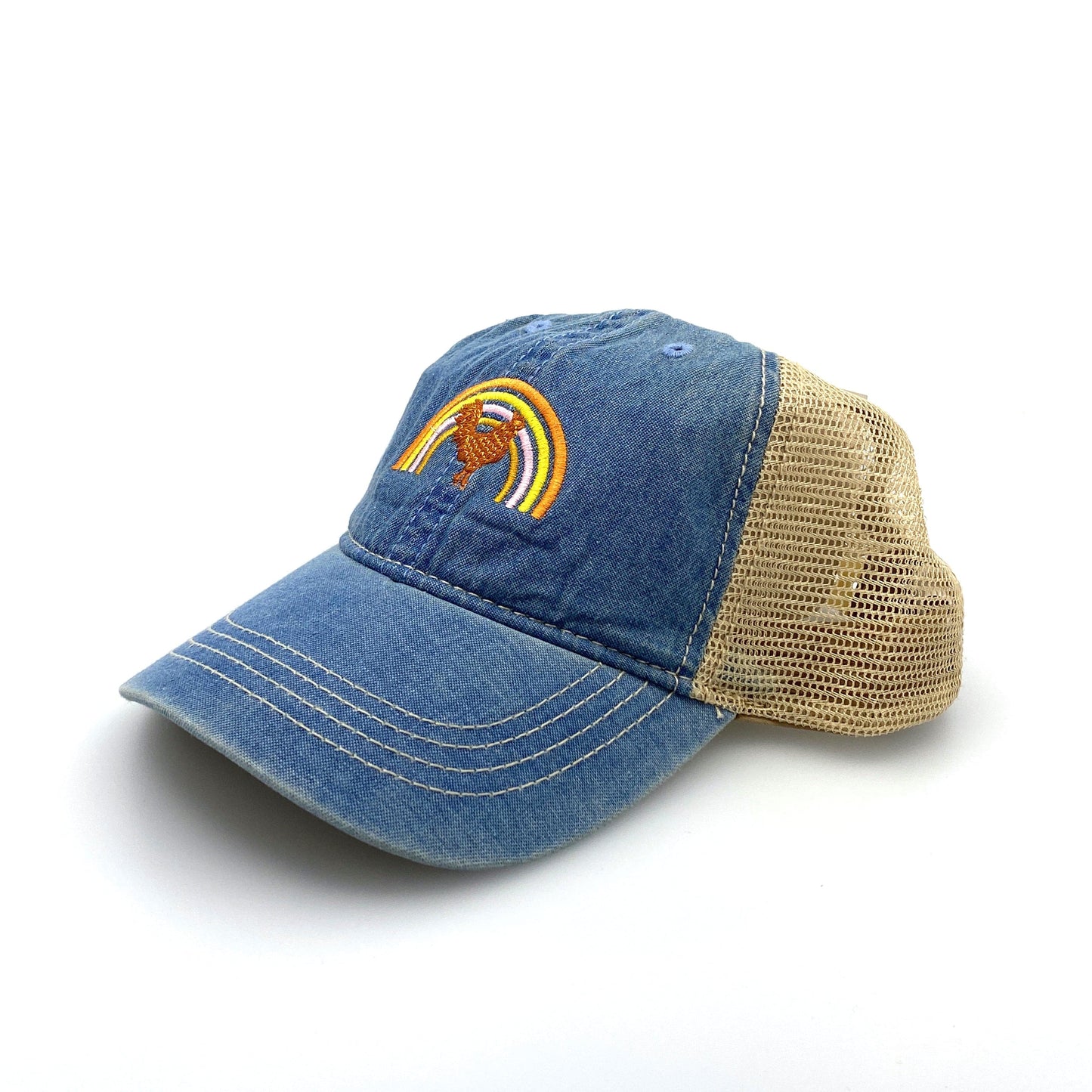 Womens Blue Denim Rooster & Rainbow Embroidered SnapBack Hat OSFM