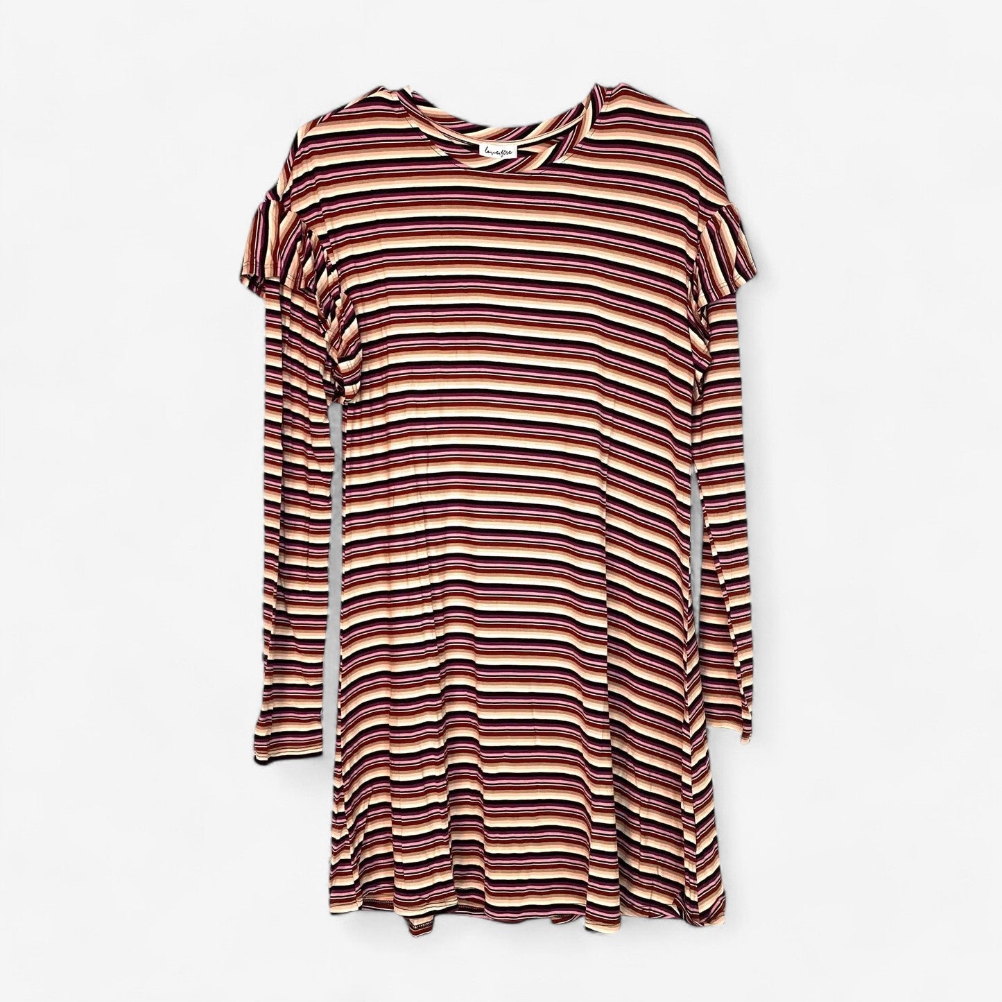 Love Fire Juniors' Plum Stripe Sweatshirt Dress - Ruffle Long Sleeve Swing - Size L - New with Tags