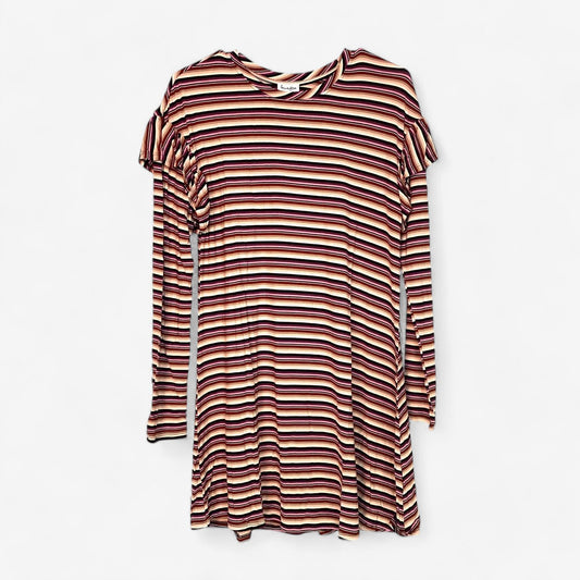 Love Fire Juniors' Plum Stripe Sweatshirt Dress - Ruffle Long Sleeve Swing - Size XS - New with Tags