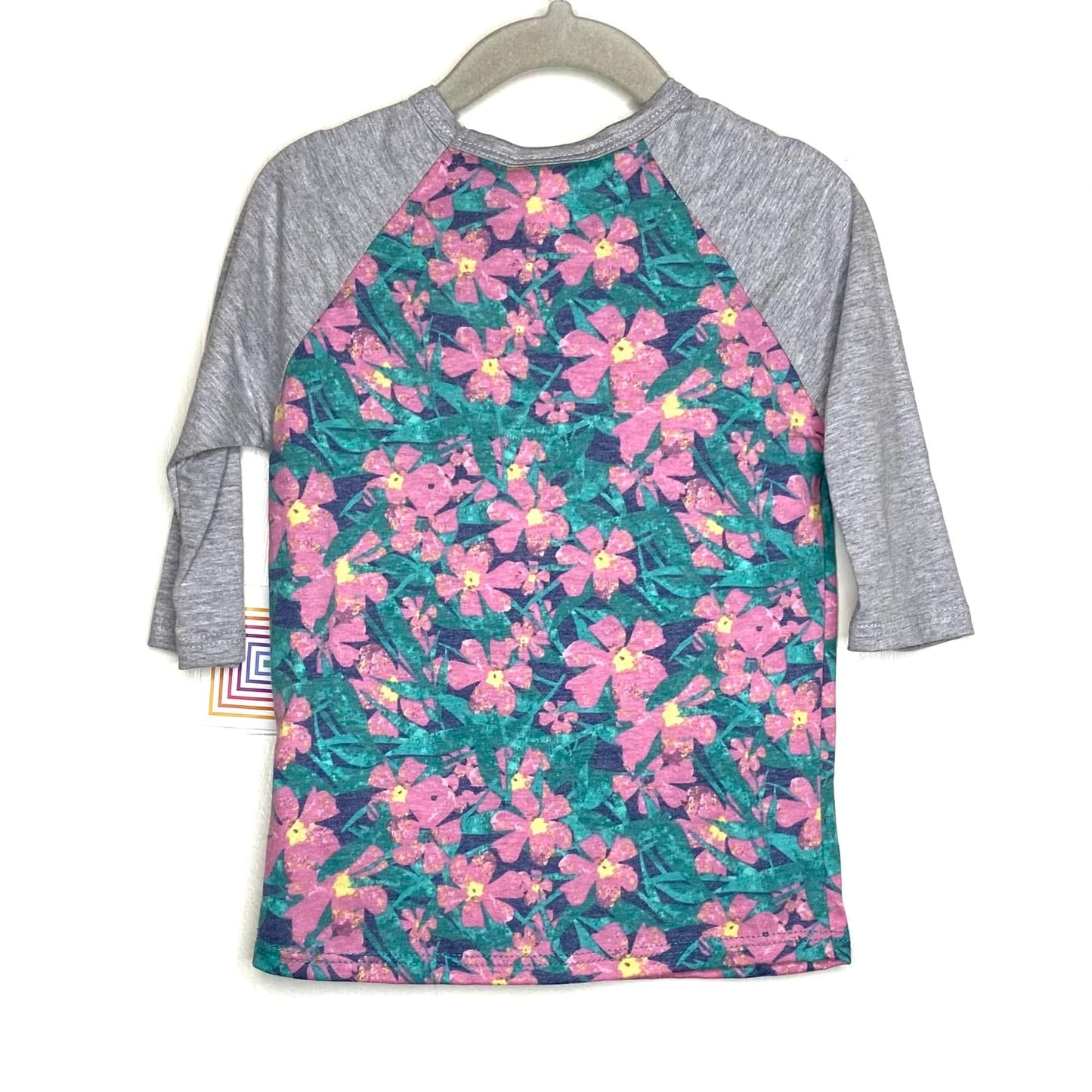 LuLaRoe Kids Unisex 2 Gray/Green/Pink Sloan Heather/Floral Raglan T-Shirt 3/4 Sleeves NWT