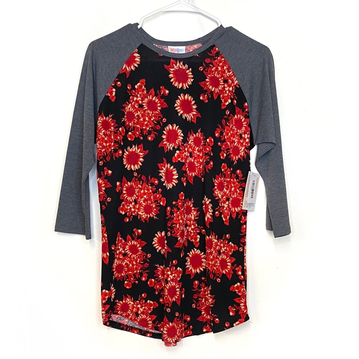 LuLaRoe Unisex S Red/Gray/Black Randy Floral Raglan T-Shirt ¾ Sleeves NWT