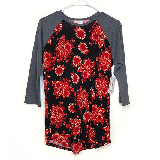 LuLaRoe Unisex S Red/Gray/Black Randy Floral Raglan T-Shirt ¾ Sleeves NWT