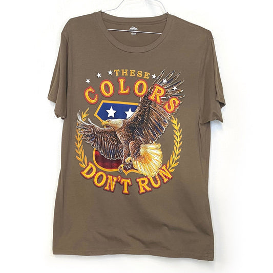 Celebrate! Patriotic Mens Size L (42-44) Light Brown Graphic T-Shirt "These Color Don't Run" S/s EUC