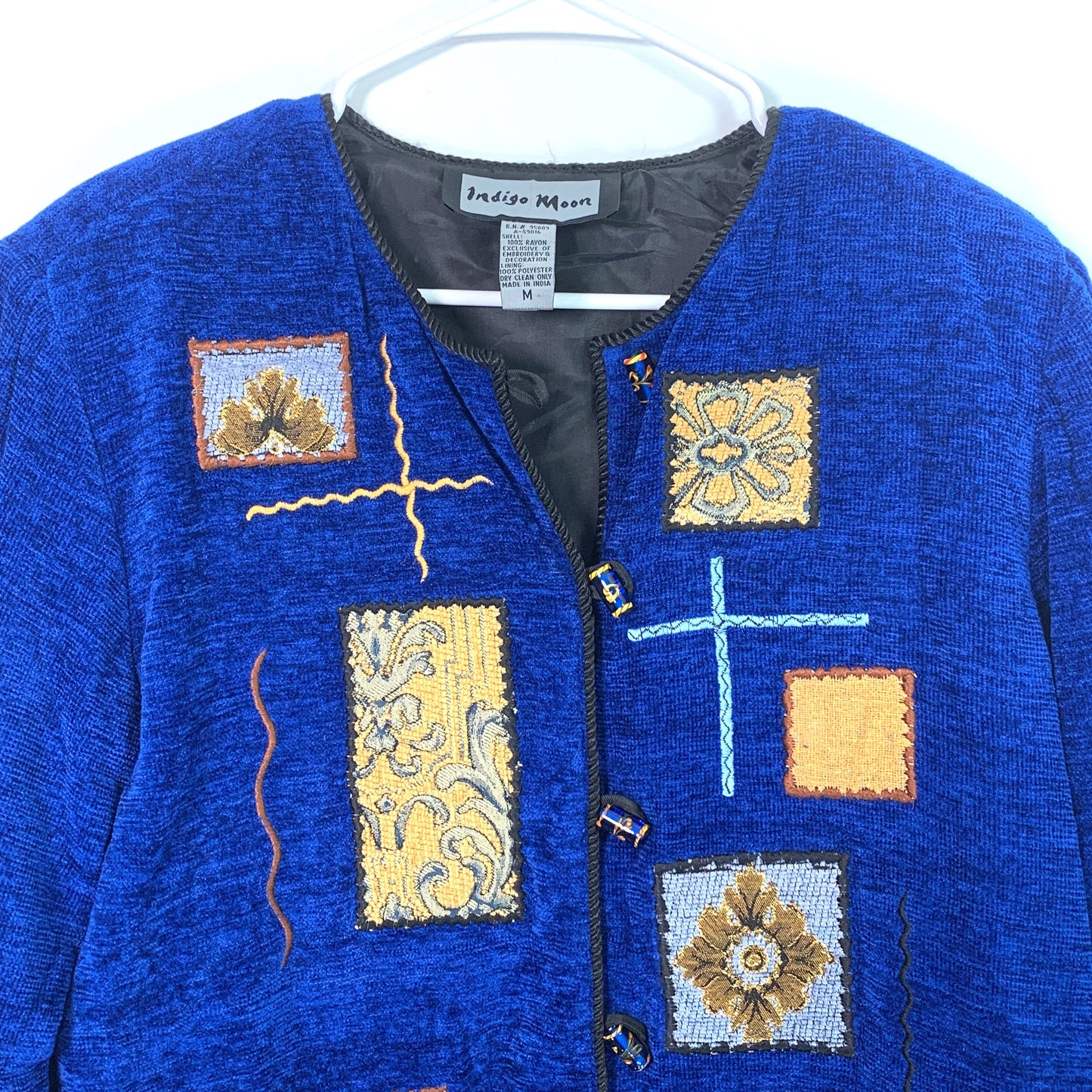 Vibrant Indigo Moon Womens Embroidered & Embellished Button-Up Jacket Size Medium Blue