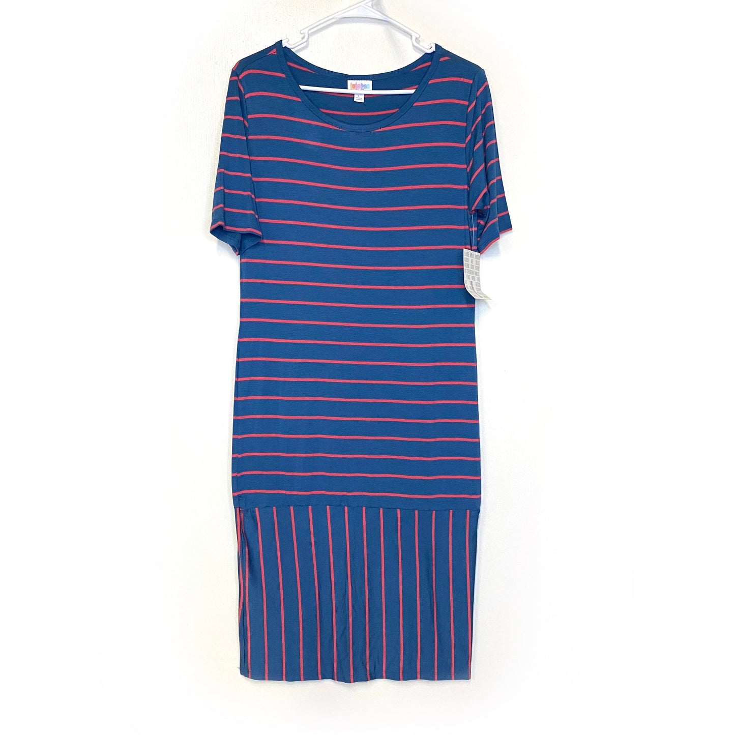 LuLaRoe Julia Bodycon Dress | L (12-14) | Red/Blue | Striped | NWT