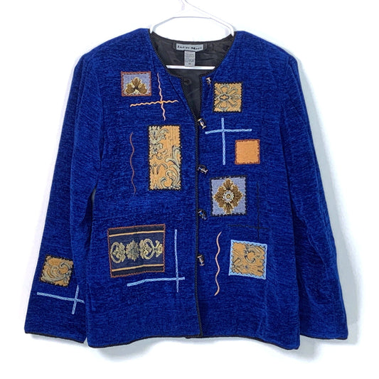 Vibrant Indigo Moon Womens Embroidered & Embellished Button-Up Jacket Size Medium Blue