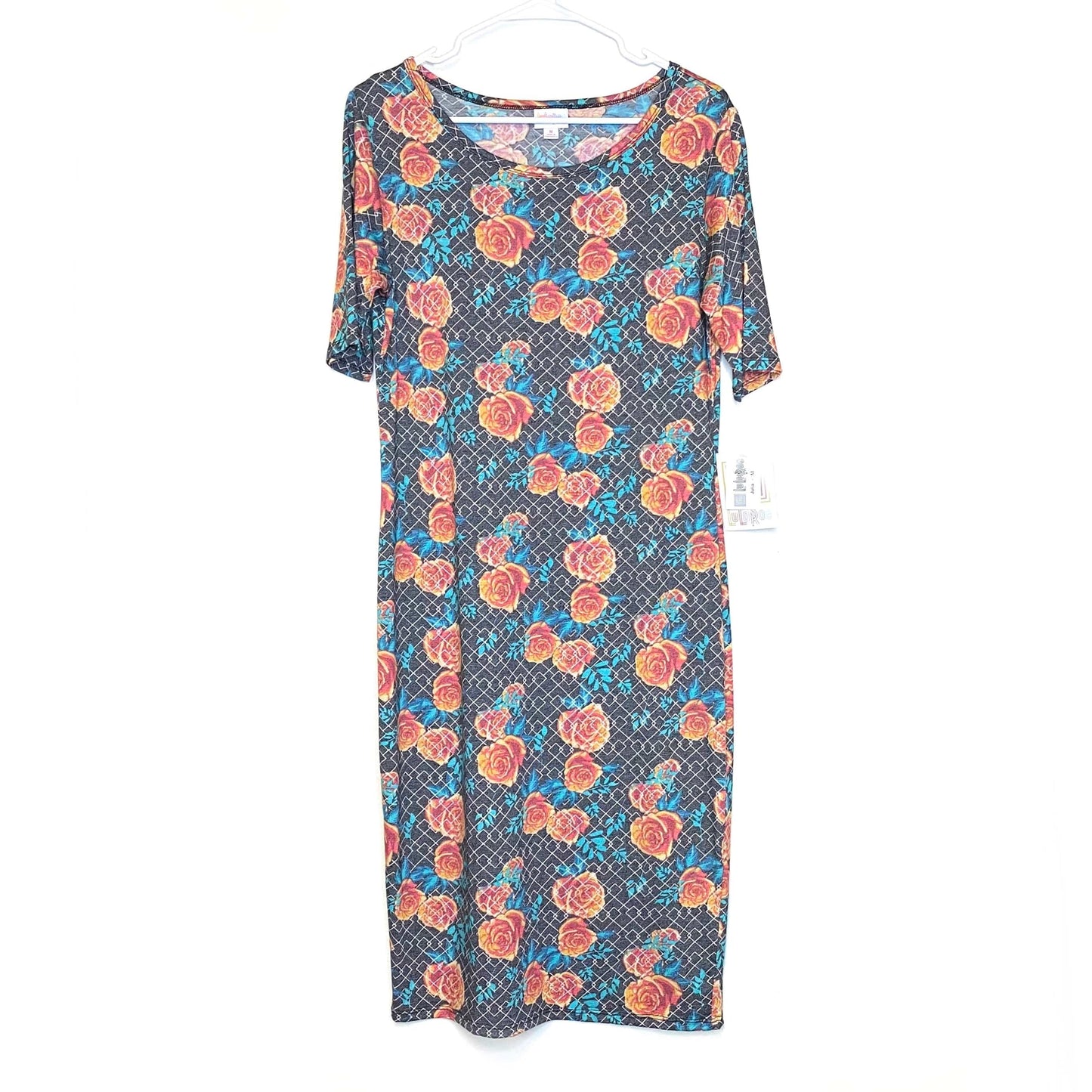 LuLaRoe Julia Bodycon Dress | M (8-10) | Blue/Orange/Gray | Floral | NWT