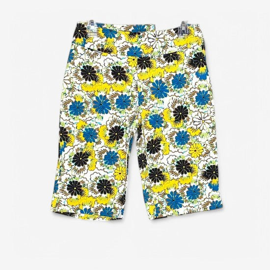 Peck & Peck Women's Retro Yellow and Blue Floral Stretch City Shorts - Size 6