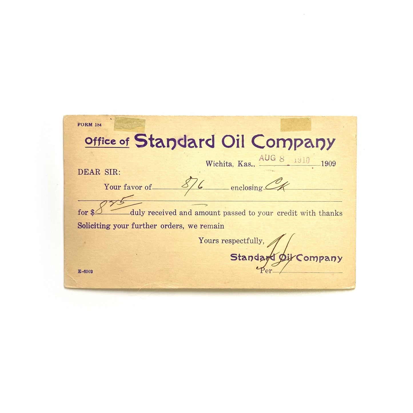 Antique Postal Card - Standard Oil Company Order Credits, 1909