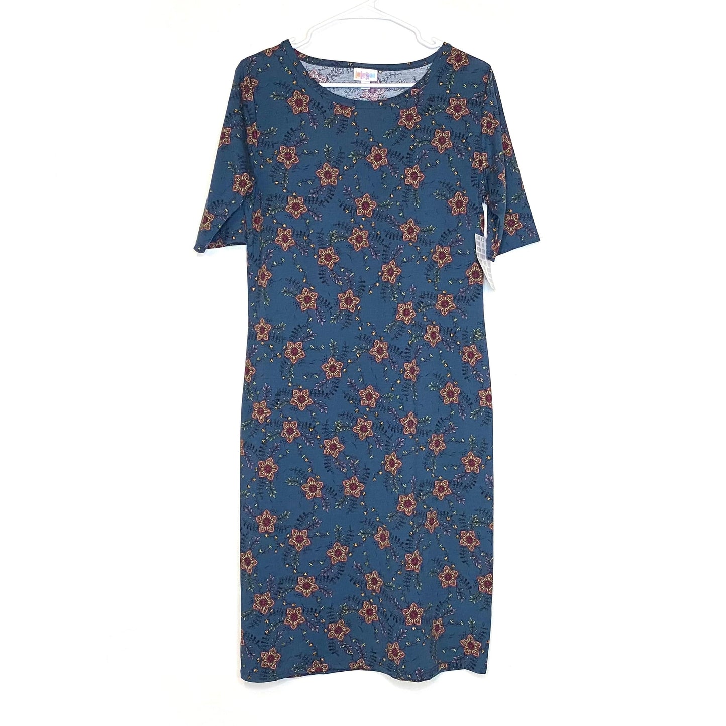 LuLaRoe Womens L Aegean Blue Floral Julia Shift Dress Scoop Neck ½ Sleeves NWT