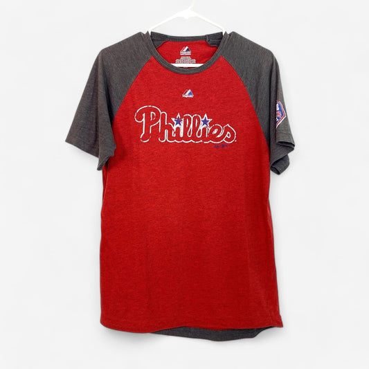 Majestic Men's Philadelphia Phillies Red Raglan T-Shirt - Size M - Gray Sleeves