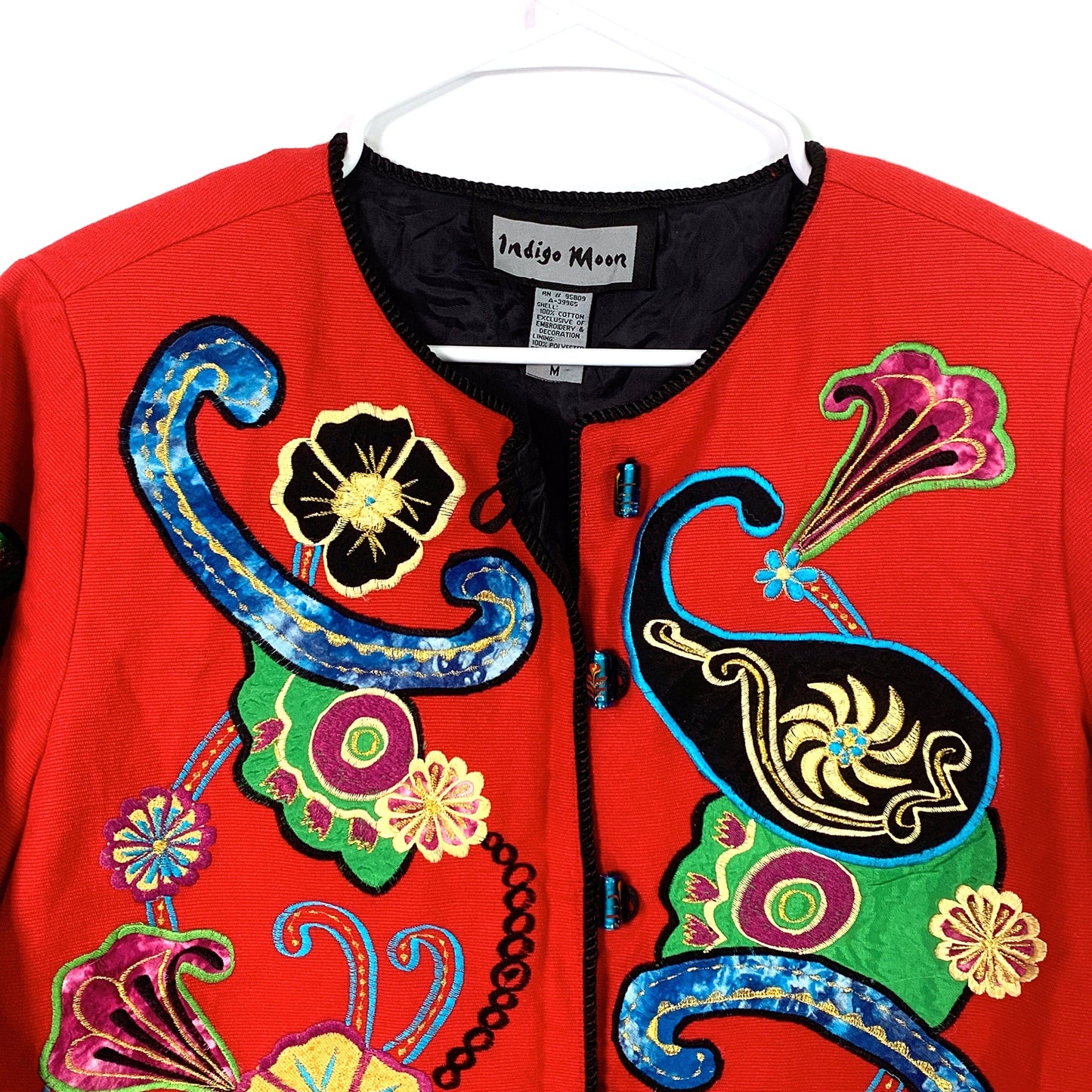 Eye-Catching Indigo Moon Womens Embroidered & Embellished Button-Up Jacket Size Medium Paisley Floral Red
