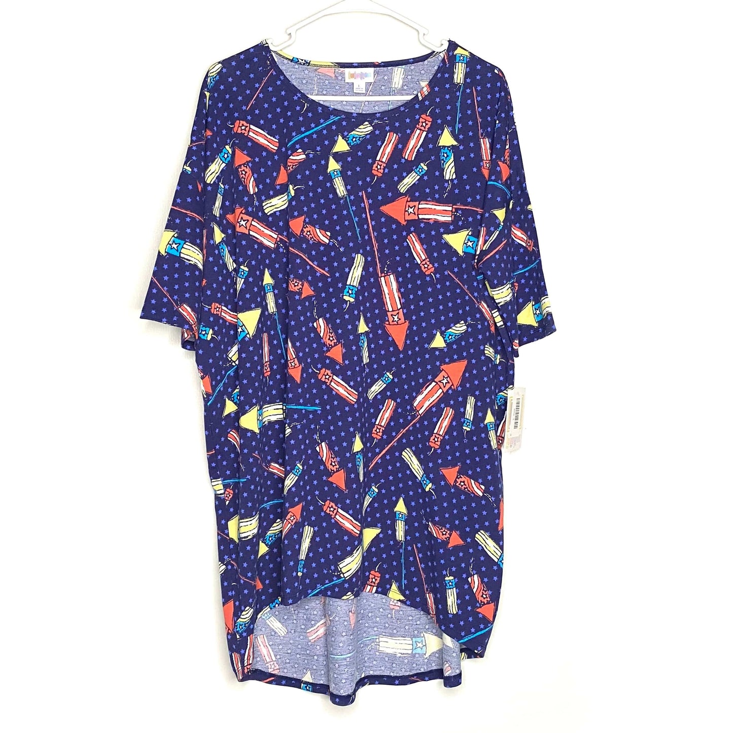 LuLaRoe | Fireworks Irma S/s Tunic Top | Color: Blue/Multicolor | Size: L | NWT