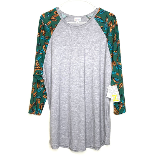 LuLaRoe Unisex 3XL Green/Gray Randy Heather/Feathers Raglan T-Shirt ¾ Sleeves NWT