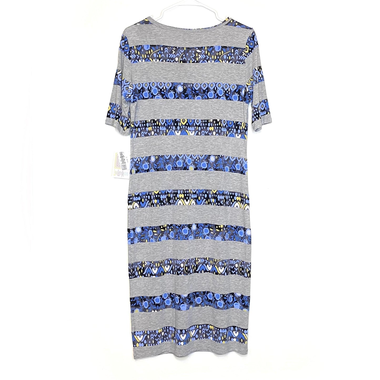 LuLaRoe Womens L Blue/Gray Striped Floral Green Julia Dress Scoop Neck ½ Sleeves NWT