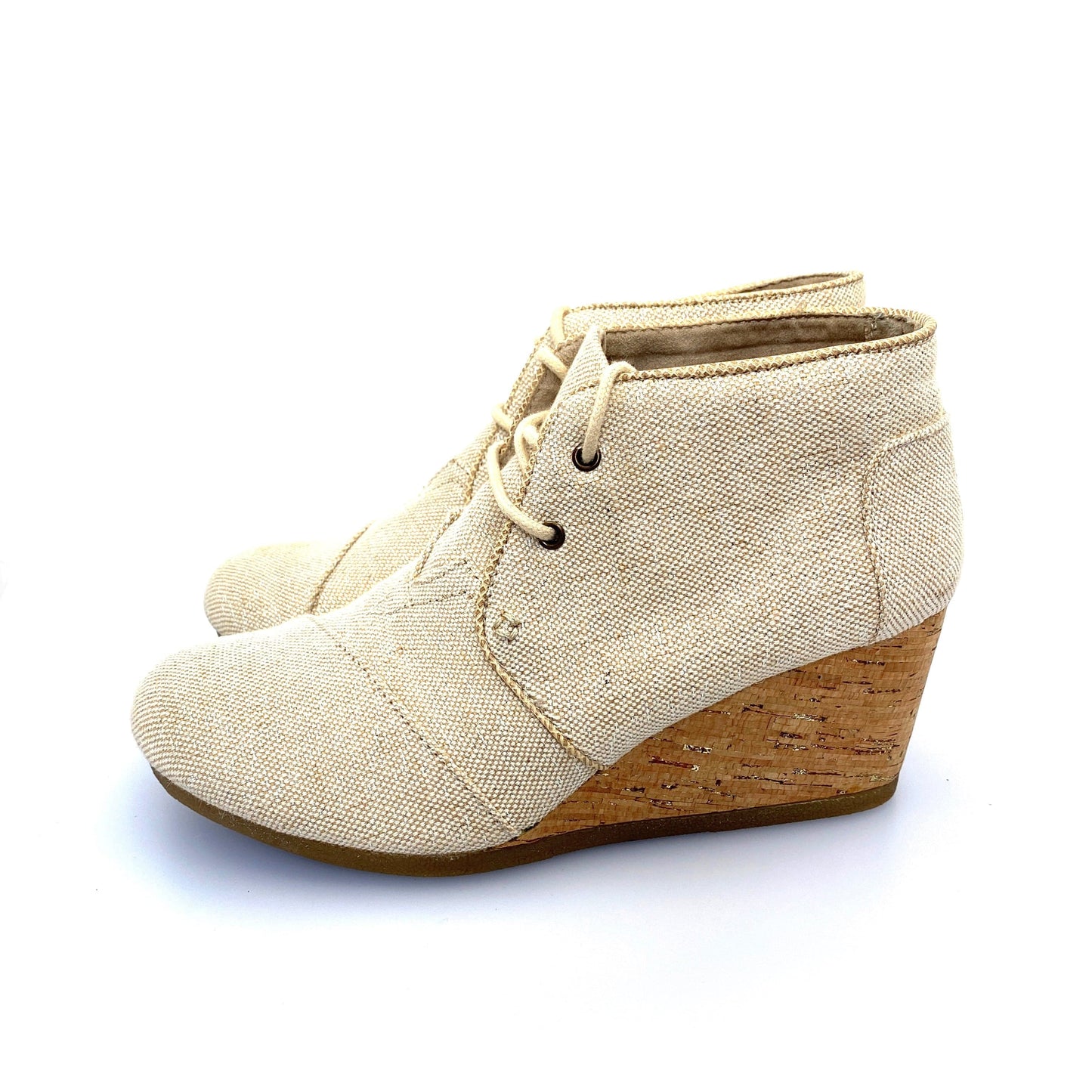 Toms Womens Desert Wedge Ankle Bootie Silver-Beige Canvas Cork Lace-Up