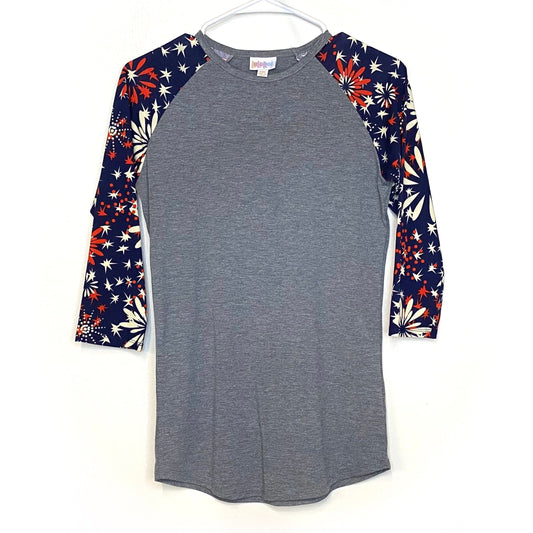 LuLaRoe Unisex XXS Red/Blue/Gray ‘Fireworks’ Patriotic Randy Raglan T-Shirt ¾ Sleeves NWT