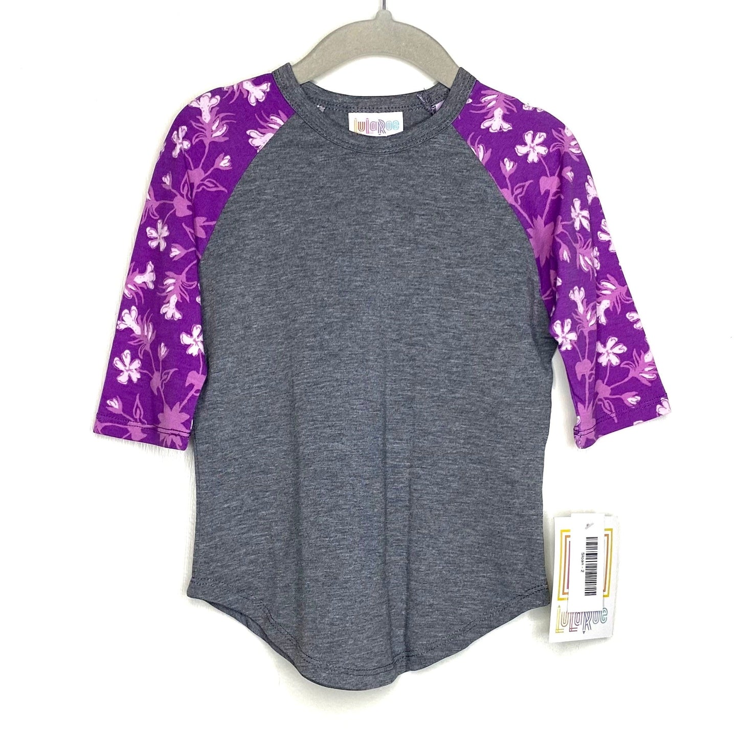 LuLaRoe Kids Unisex 2 Pink/Purple/Gray Sloan Heather/Floral Raglan T-Shirt 3/4 Sleeves NWT