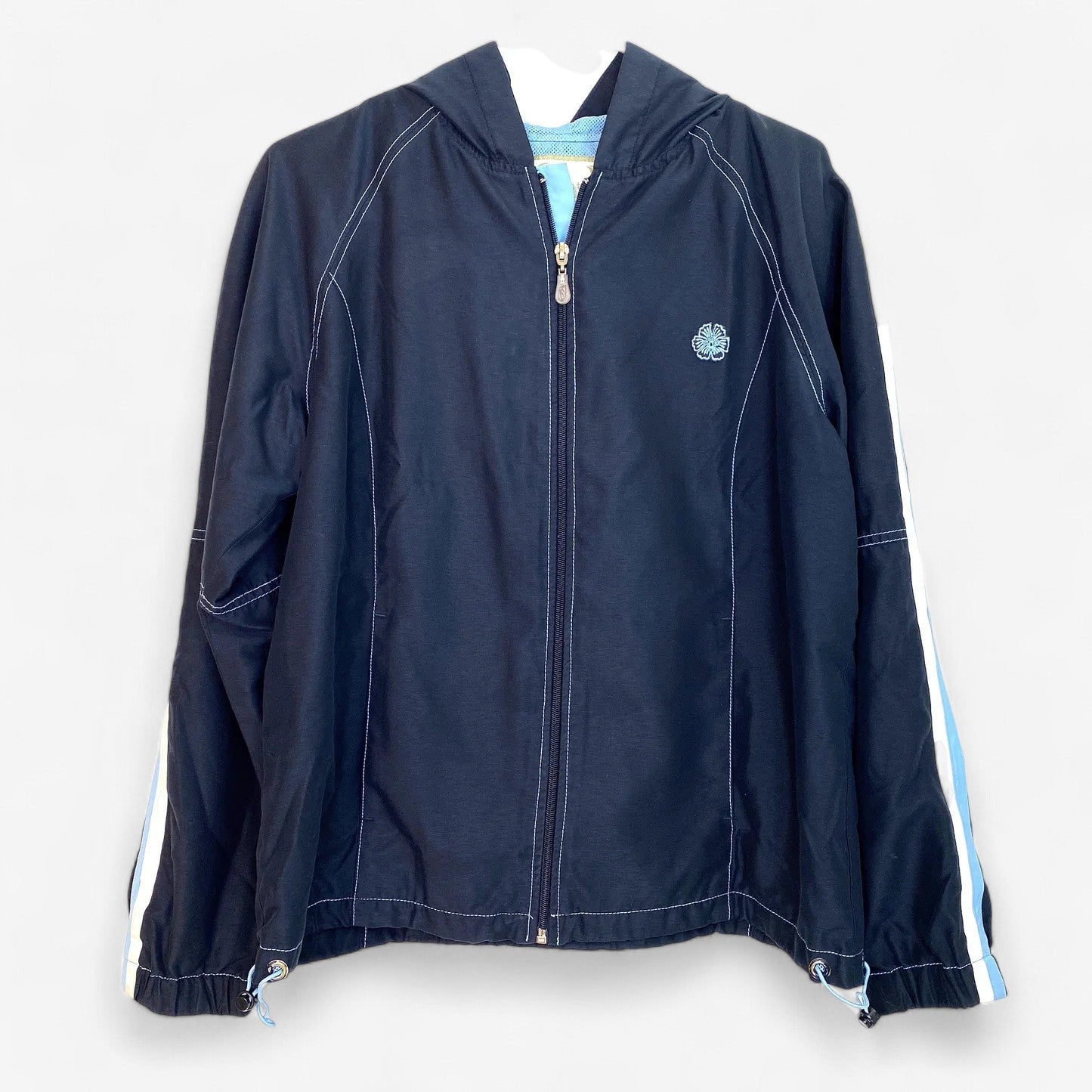 Green Tea Womens Hooded Lined Full-Zip Jacket | Size M | Navy Blue with Light Blue Accents | VGC