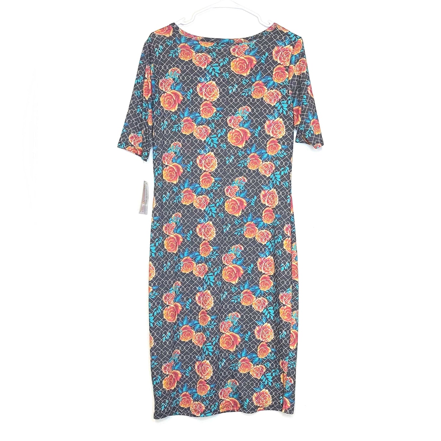 LuLaRoe Julia Bodycon Dress | M (8-10) | Blue/Orange/Gray | Floral | NWT