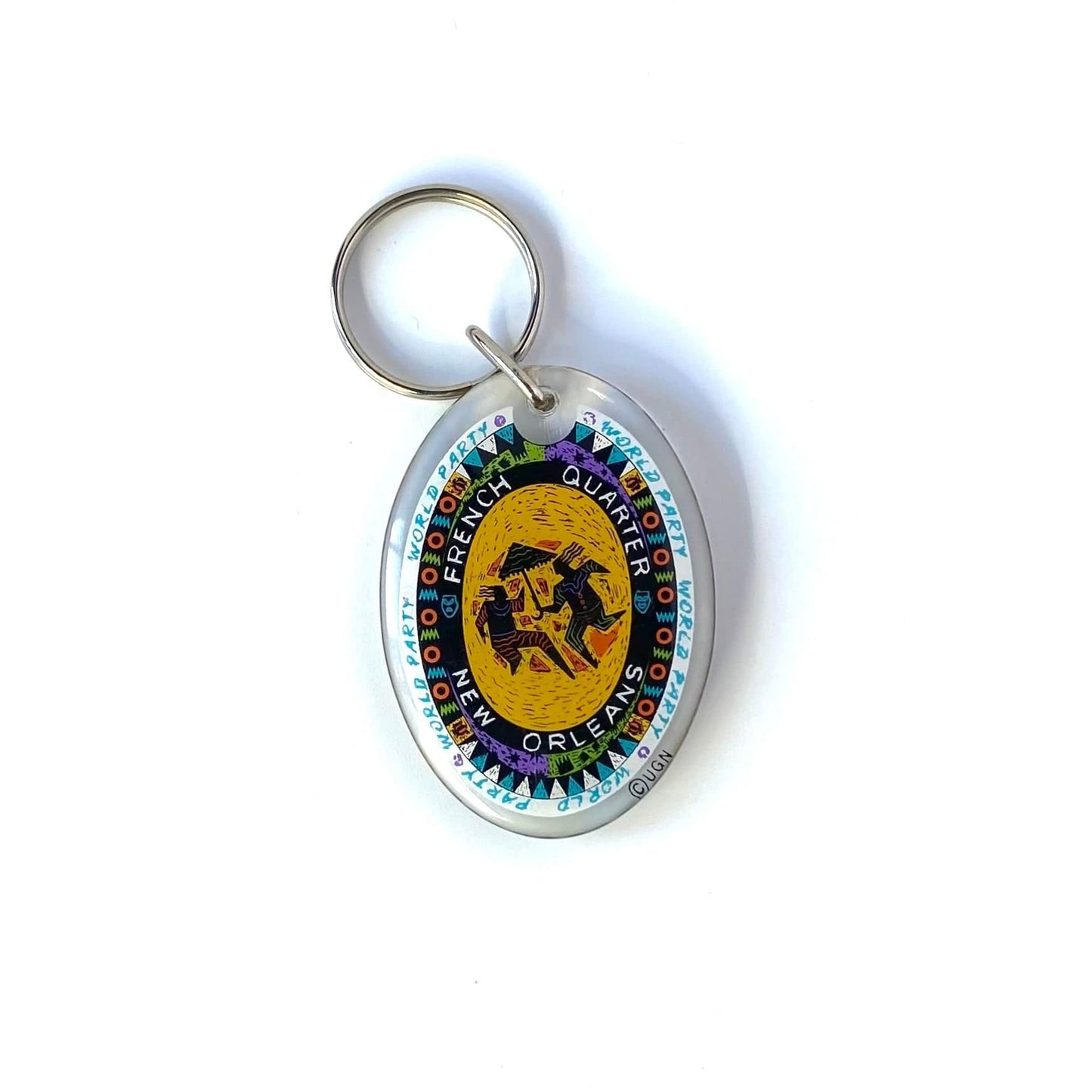“French Quarter New Orleans World Party” Travel Souvenir Keychain Key Ring Oval Clear Acrylic