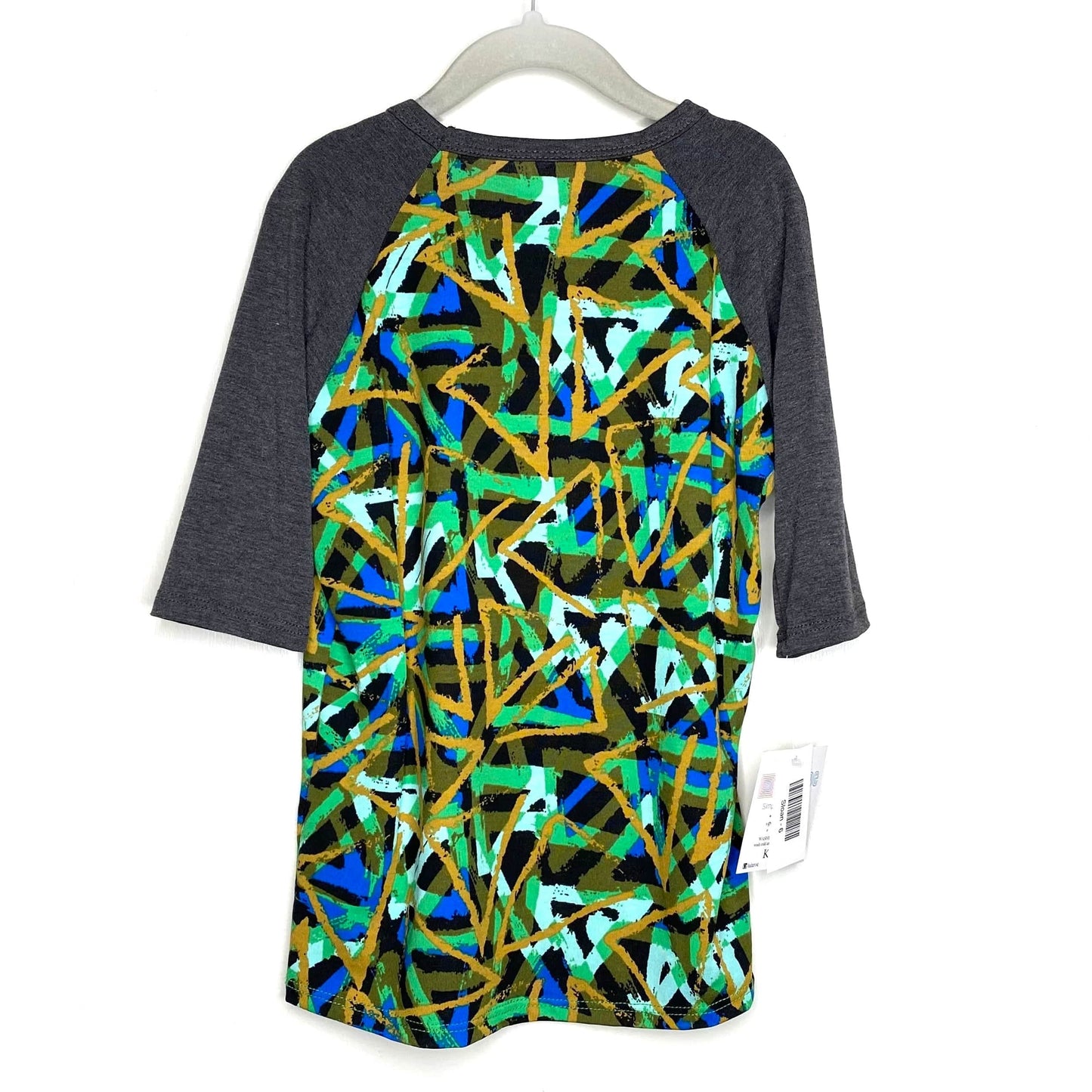 LuLaRoe Kids Unisex 6 Gray/Multicolor Sloan Abstract Raglan T-Shirt 3/4 Sleeves NWT