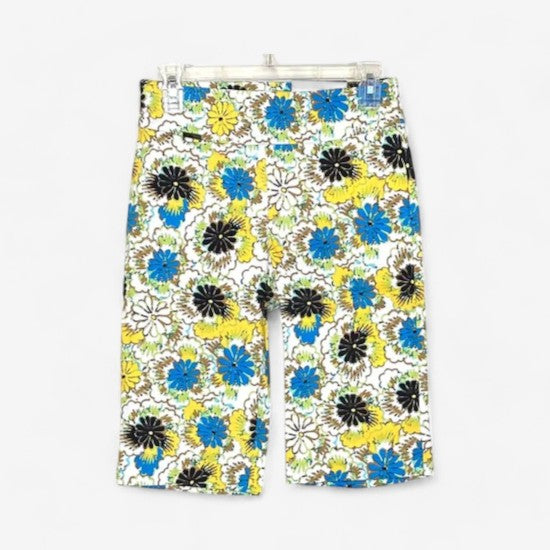 Peck & Peck Women's Retro Yellow and Blue Floral Stretch City Shorts - Size 4