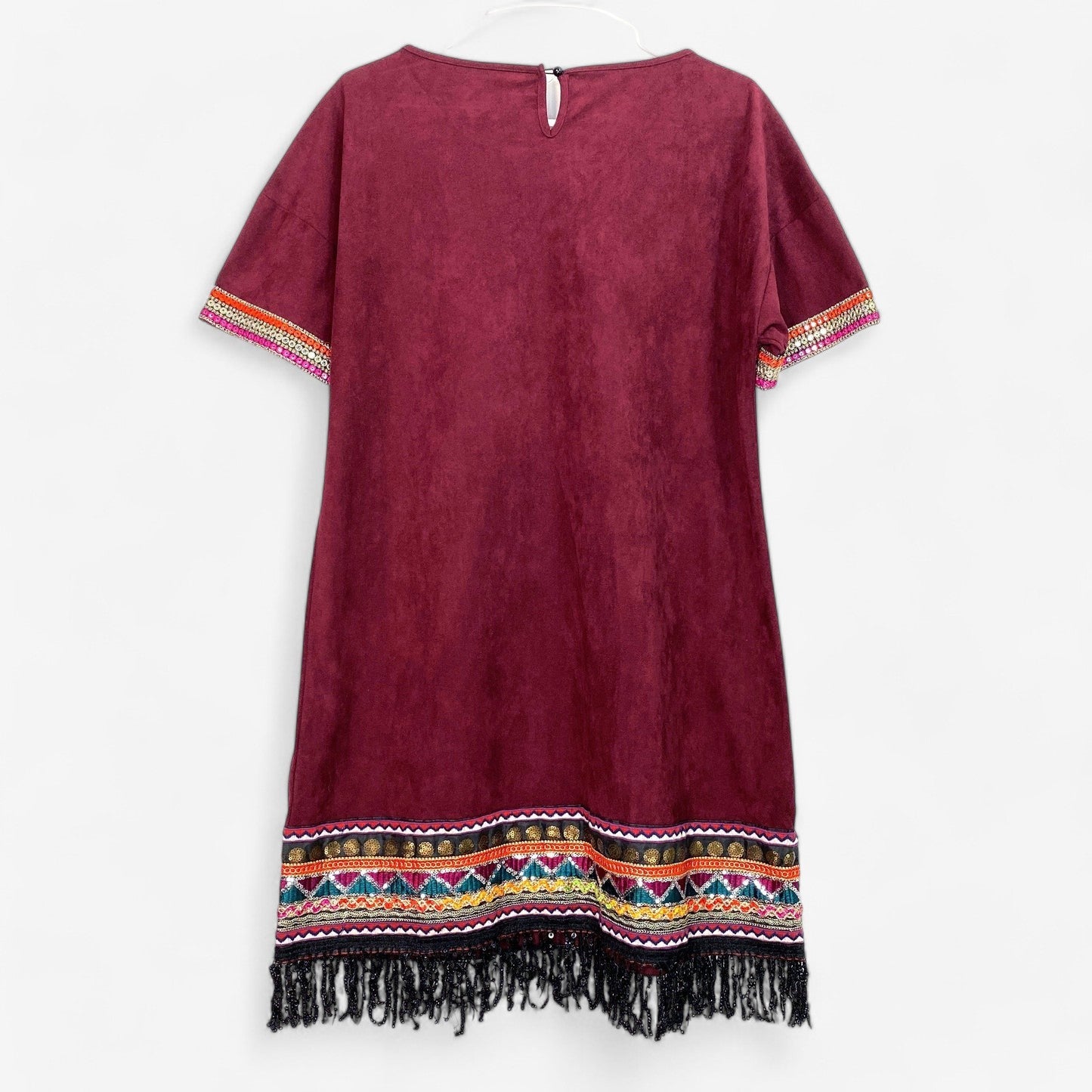 SHEIN Women's Merlot Sequin Fringe Suedette Dress - Size L - Tribal Tape Detail