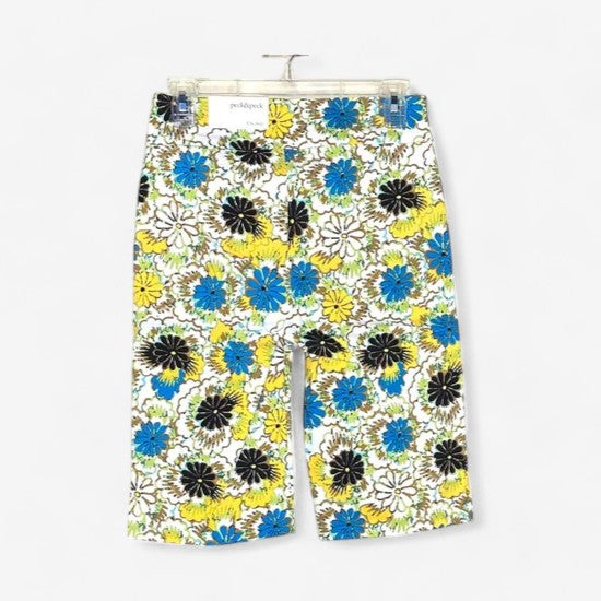 Peck & Peck Women's Retro Yellow and Blue Floral Stretch City Shorts - Size 4