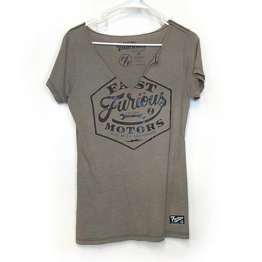 FAST & FURIOUS by Affliction Womens Size M Brownish Gray V-Neck T-Shirt S/s EUC