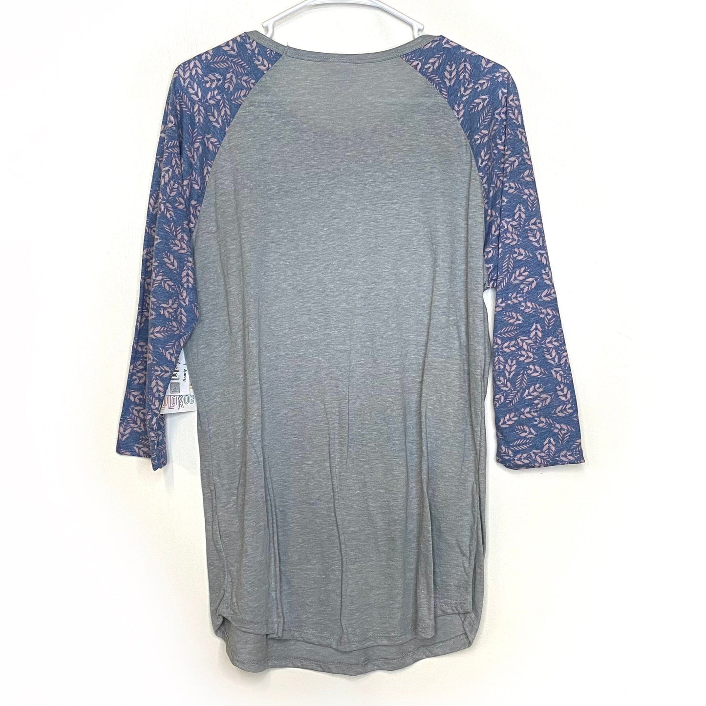 LuLaRoe Unisex L Blue/Pink Gray Heather/Leaf Pattern Randy Raglan T-Shirt ¾ Sleeves NWT