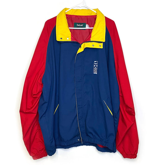 Vintage 1990's Dunbrooke “FIRST DATA CORP” Logo Mens Size 3XL L/s Zip-Up Jacket Red/Yellow/Blue Colorblock
