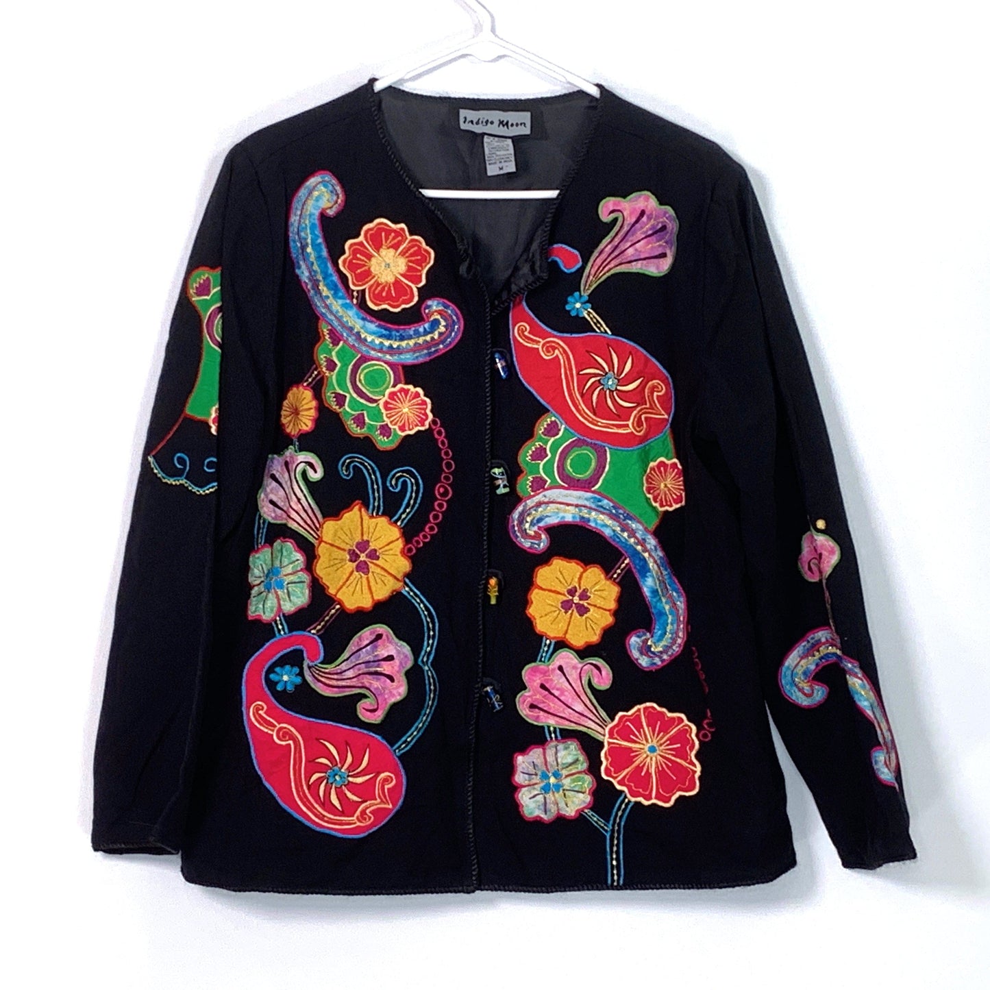 Beautiful Indigo Moon Womens Embroidered & Embellished Button-Up Jacket Size Medium Floral Multicolor