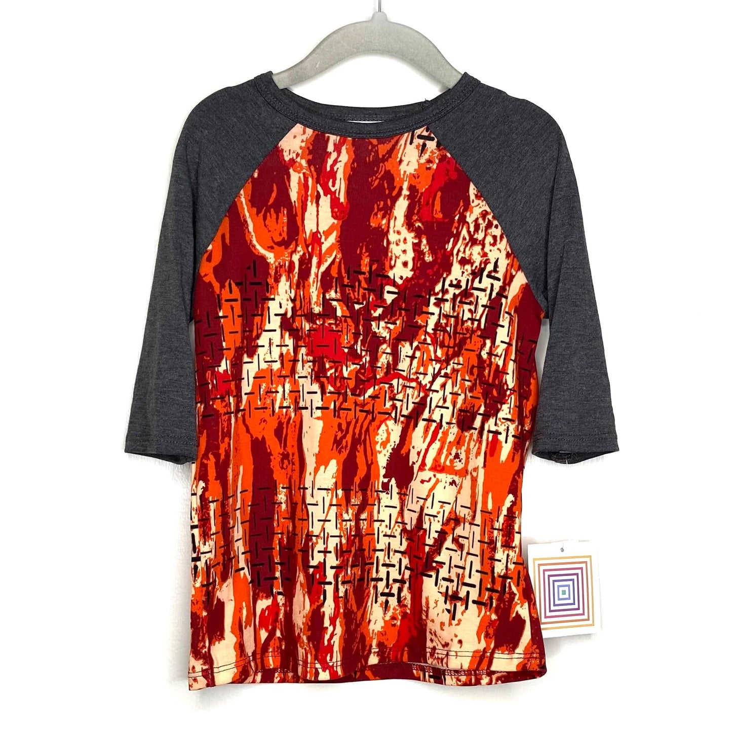 LuLaRoe Kids Unisex 4 Gray/Orange/Red Sloan Abstract Raglan T-Shirt 3/4 Sleeves NWT