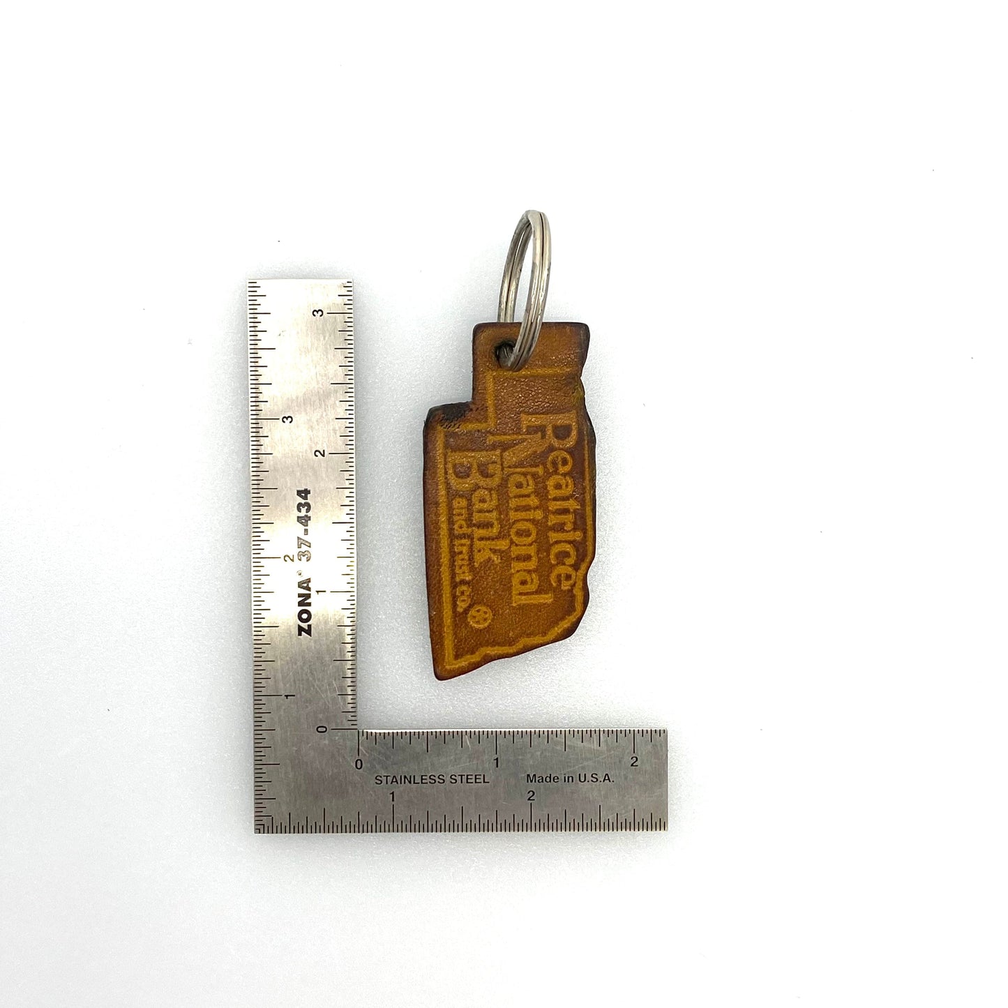 Vintage Beatrice National Bank Leather Nebraska Keychain Key Ring Tag