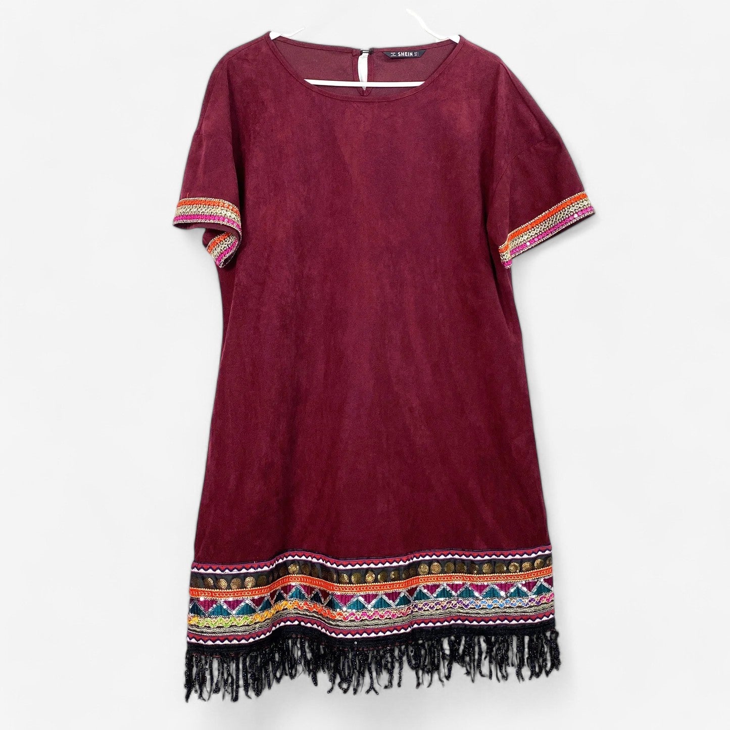 SHEIN Women's Merlot Sequin Fringe Suedette Dress - Size L - Tribal Tape Detail