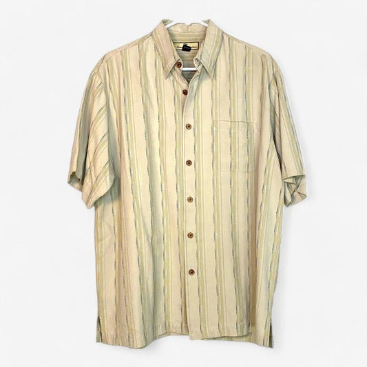 Tommy Bahama Men's Size M Khaki Textured Stripe 100% Silk Short Sleeve Shirt